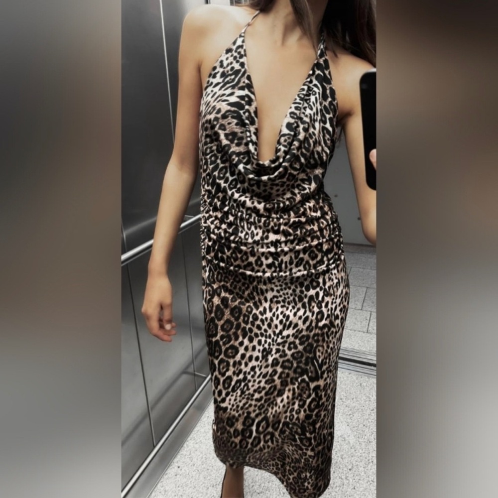 NWT Zara Animal Leopard Print Drape Modi Dress M L - Picture 6 of 14